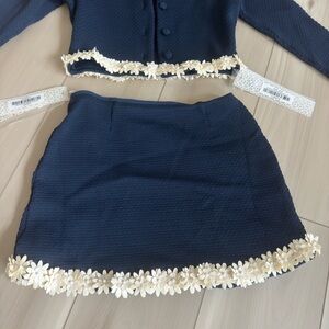 Navy  Blue Skirt with Cream Floral Trim